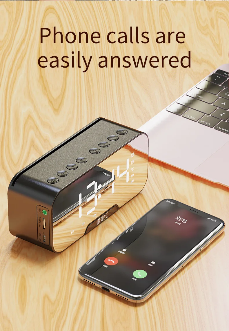 Wireless Mirror Speaker Super Bass Wireless Stereo Speakers Support TF Alarm Clock For Phone Computer