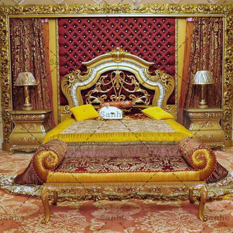 European Classical French Style Royal Luxury Furniture Golden Carved Antique Gold King Size Bedroom Sets