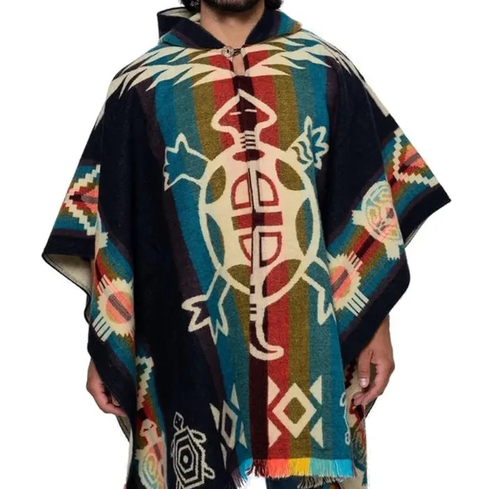 2024 Spring Indigenous Southwestern Navajo Aztec Cloak Mexican Men Knitted Hoodie Poncho