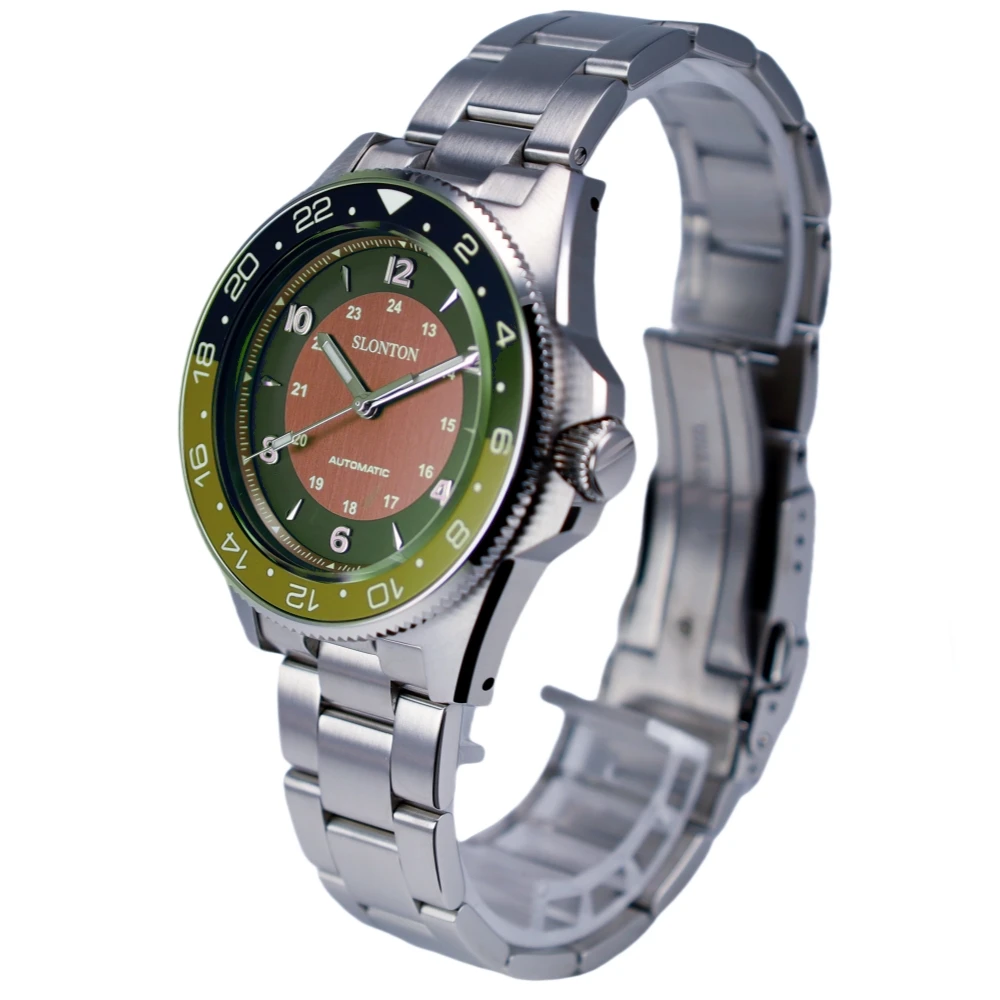 Slonton Luxury Automatic Diver Watch Luminous Round Analog Dial with Seiko Movement Stainless Steel Bracelet Wristwatch