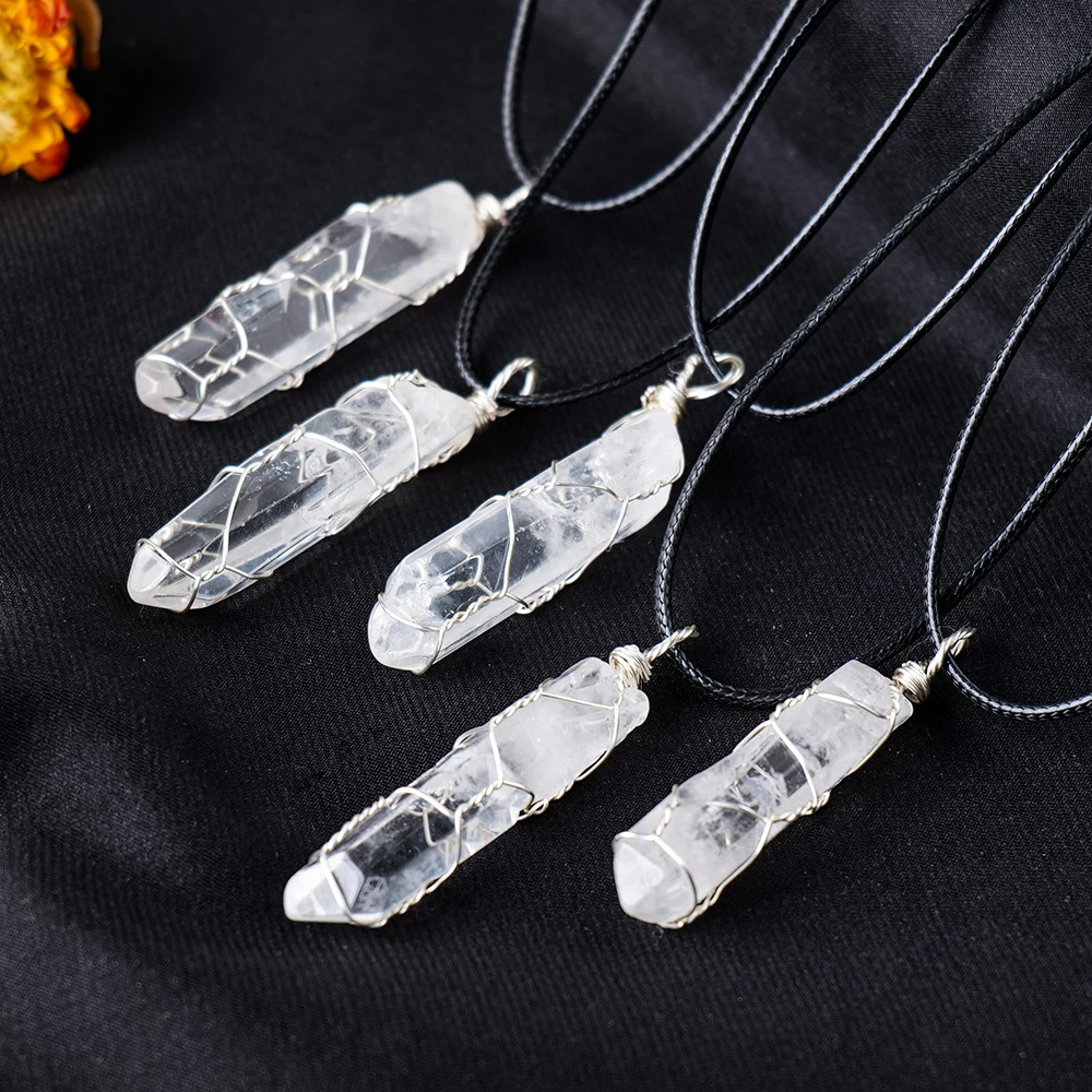 Wholesale Natural White Crystal Crafts Hexagon Column Wrapped Silk Thread Pendant Single Crystal Raw Stone for Decorative Gifts