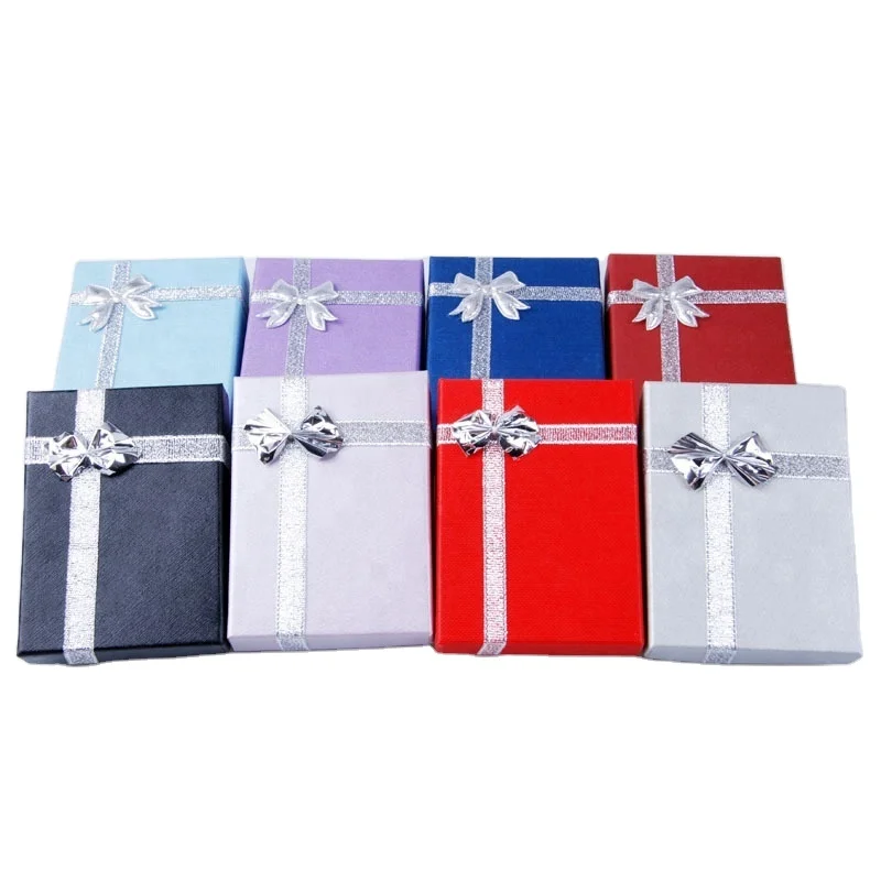 Wholesale Mixed Color Paper Cardboard Jewelry Box Silver Bow Necklace Packaging Cheap Ring Box