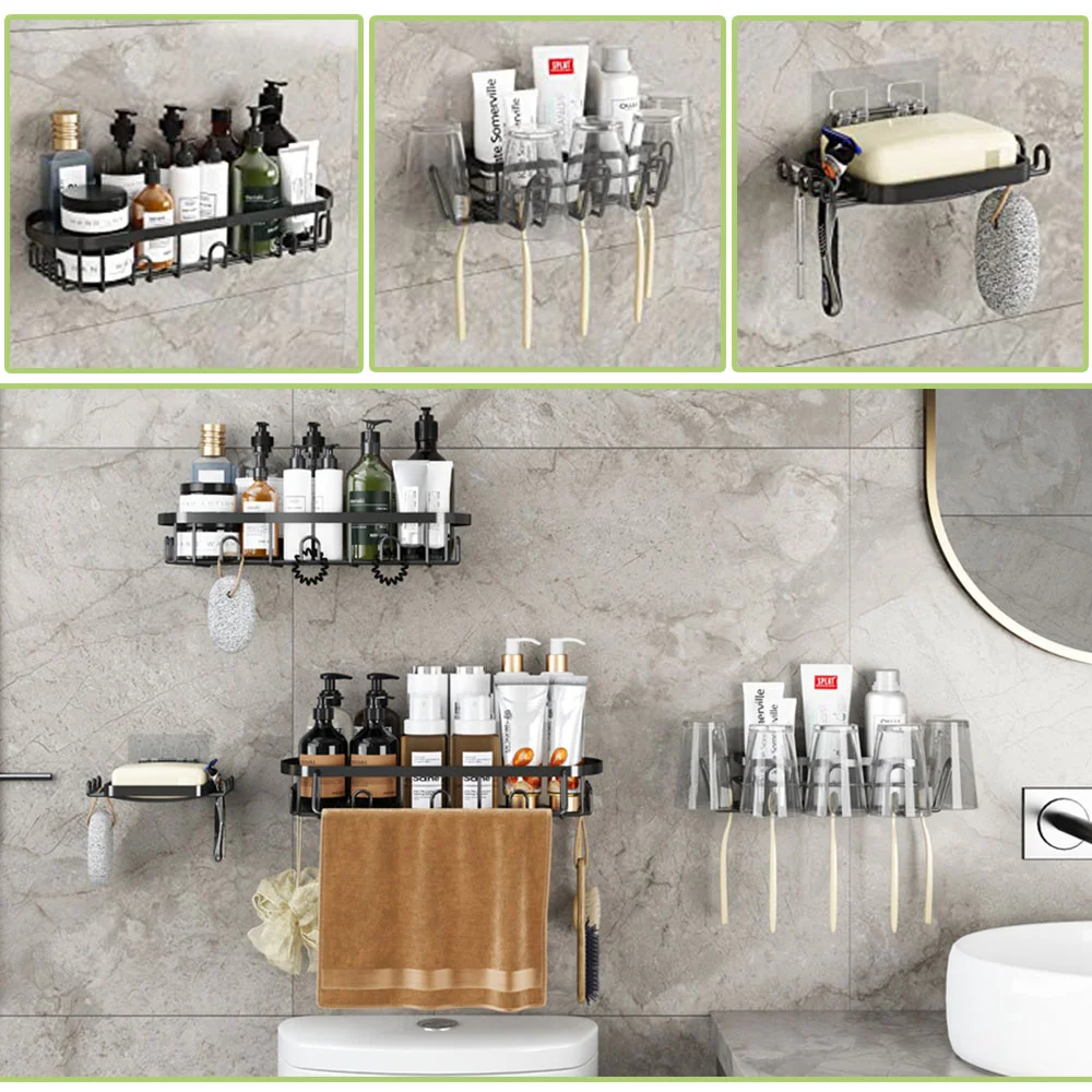 4 pack-stainless steel adhesive corner shelf shower caddy wall mounted bathroom organizers storage rack with hooks