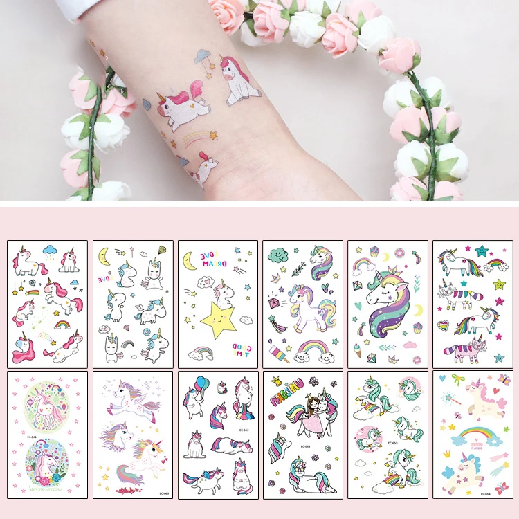 Unicorn Flowers Body Chest Waterproof Cherry Blossom Tree Women Kids Fake Temporary Tattoo Sticker