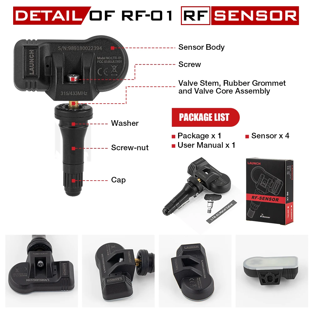 Launch LTR-03 TPMS (315MHz + 433MHz) Tire Pressure Monitor System 4pcs OBD2 Tire Repair Tool Rubber Valve