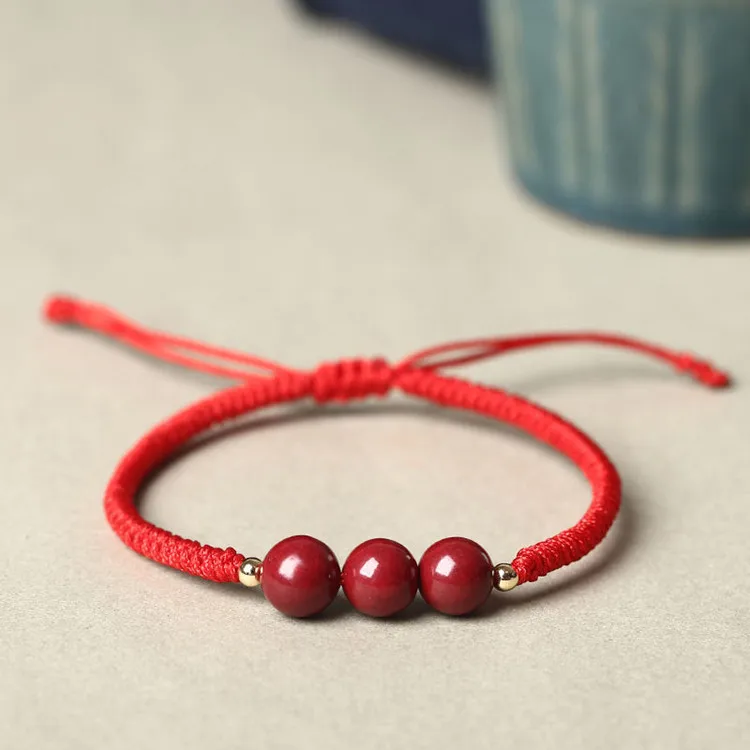 Ethnic Jewelry Red Rope Braided Bracelet 3 Round Onyx Vermilion Macrame Bracelet For Birthday Gift