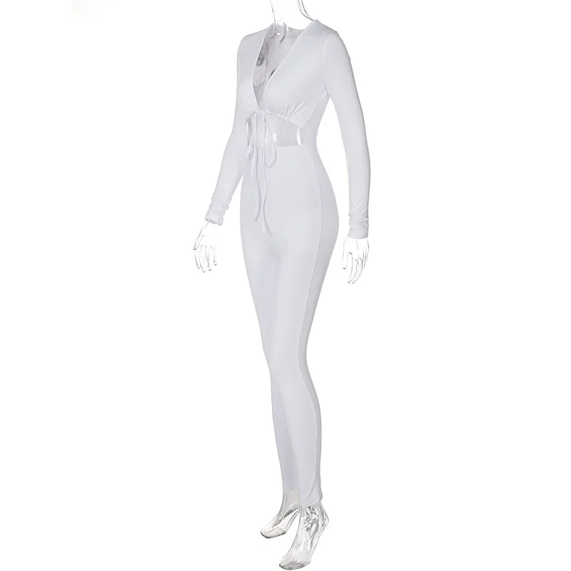 Women Summer Black Nude Khaki Beige Jumpsuits Bandage Tie Sexy Hollow Out Long Sleeve Bodycon Gothic Sexy Pants Suits Clothes