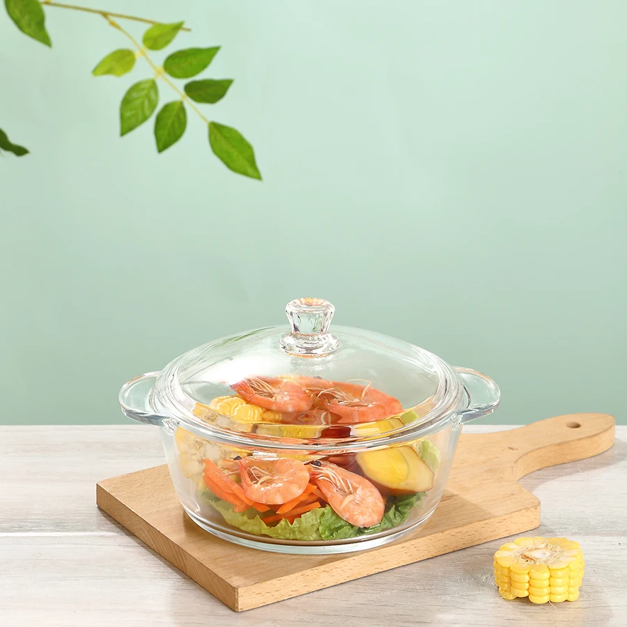 Manufacture high quality clear tableware stock glass bowl soup glass pot food salad serving bowl  with lid
