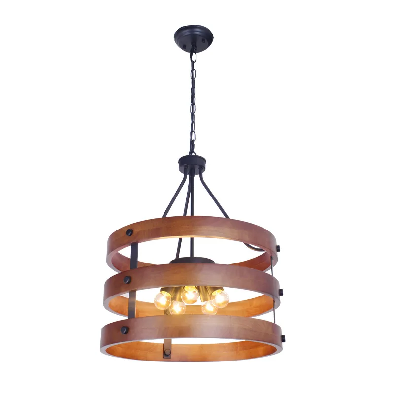 Nordic Industrial vintage iron wood Indoor retro loft Hanging pendant Light Metal Rustic round LED antique Wooden Chandelier