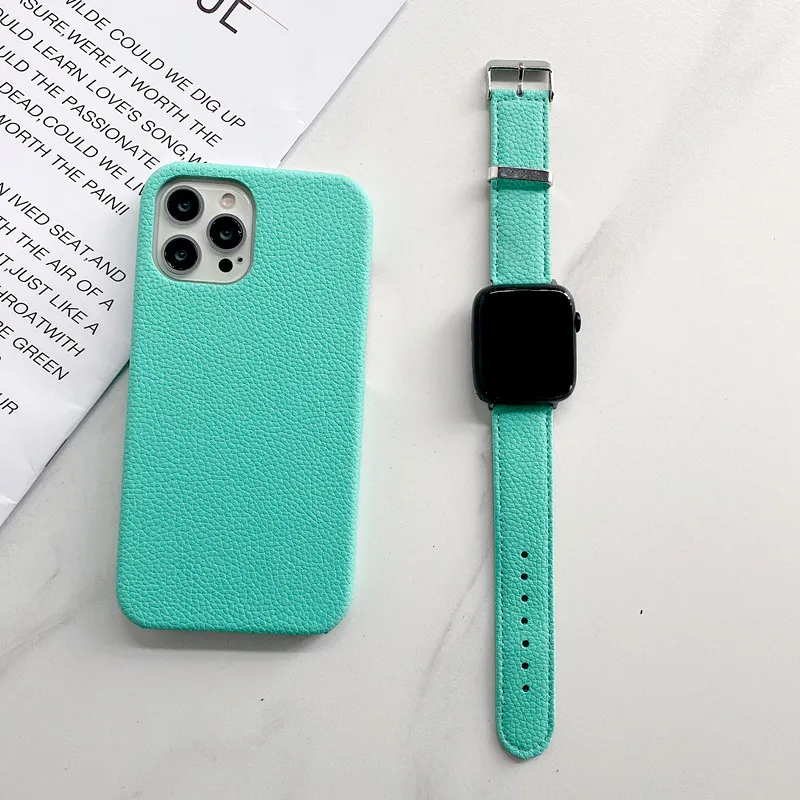 2021 new  Litchi grain leather phone case and watch bands for iphone 12 11 pro xr  max 8plus phone cover  40  44mm  Watch strap