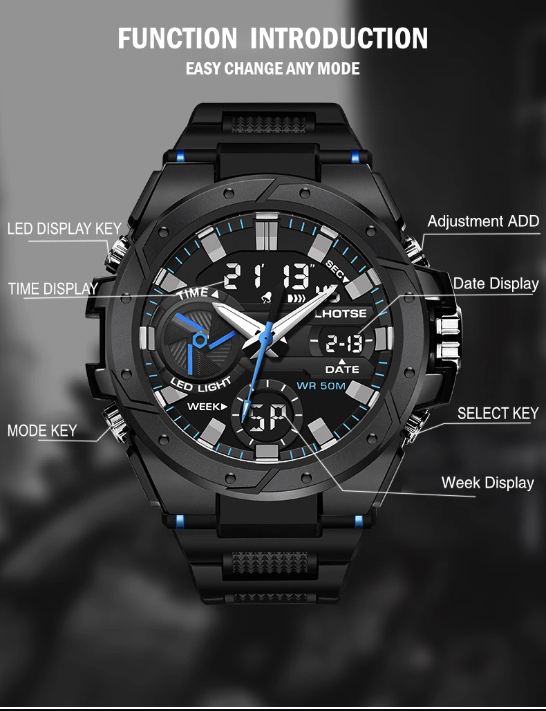 Metal outer ring Top Sport Watch Big Head Dual Time Analog Led Clock Waterproof Sports Quartz Digital Men Wrist