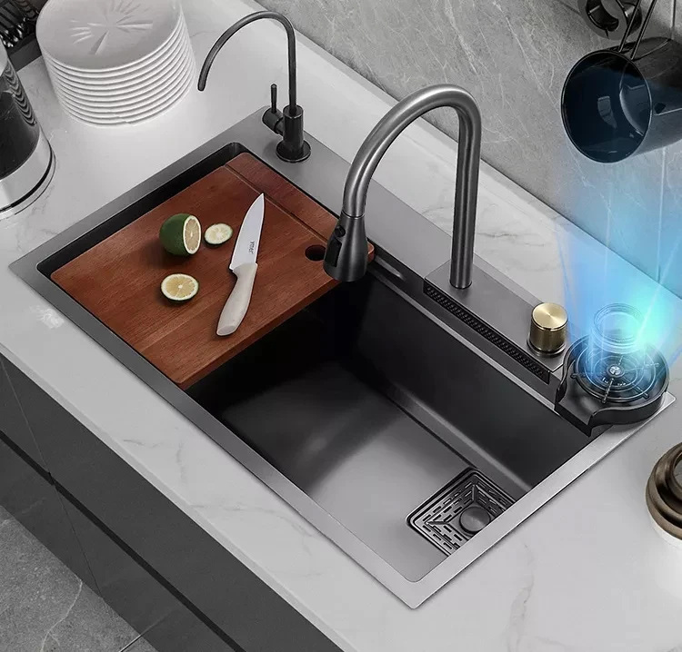 JDOOR Modern Nanometer Sink Kitchen  304 Stainless Steel Waterfall Kitchen Sink With Waterfall Faucet