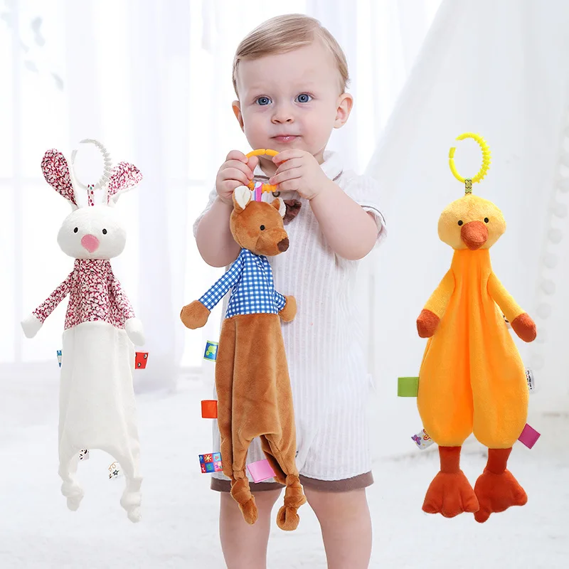 
Newborn Baby Cartoon Animal Soothing Towel with rattles Custom Baby Soothing Toys 