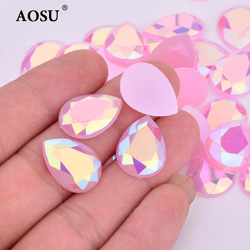 AOSU 13*18mm Acrylic Drop Stones Aquamarine AB Flatback Strass Neon Non Hotfix Crystals For Craft
