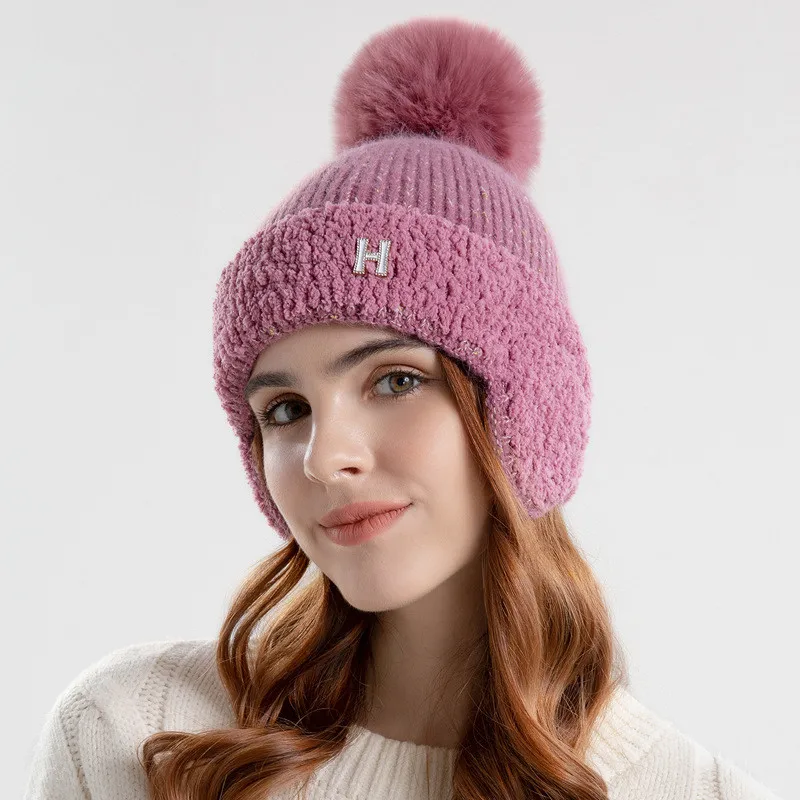 Custom Women Knitted Warm Winter Earflaps Beanie Cap Wool Fluffy Furry Beanies With Pompom Soft Skull Cap Knitted Beanie Earflap