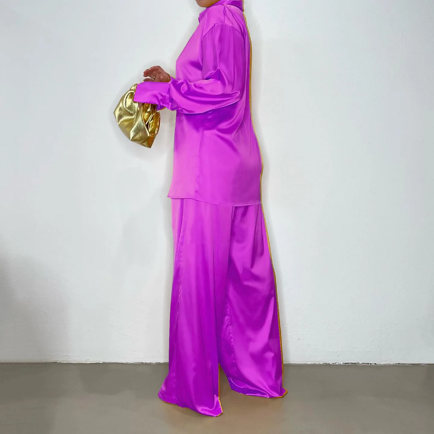 Spring Fall Women S-5XL Plus Size Long Sleeve Shirt And Pants Satin 2 Piece Set Lounge Wear Set Causal Loose Clothes