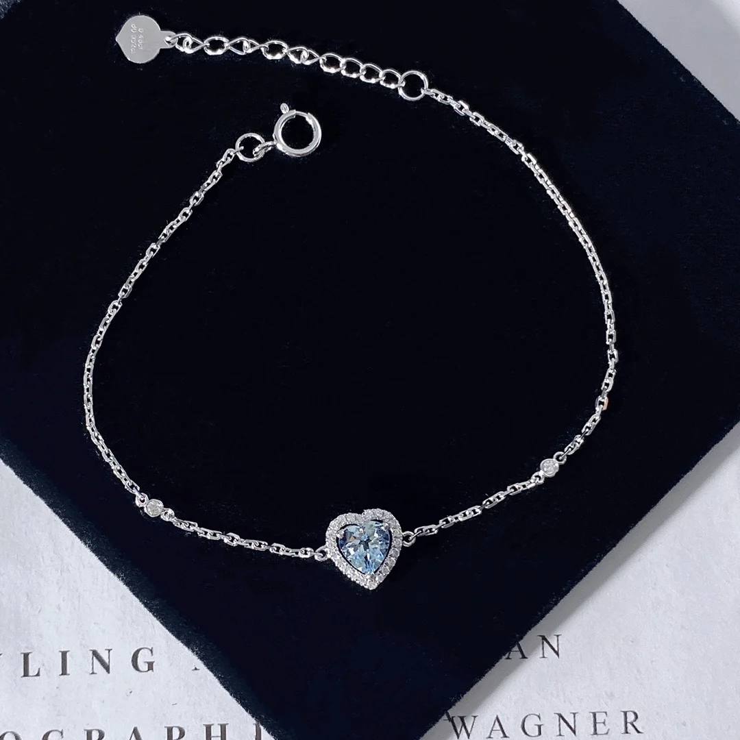 Xinfly 18k Solid White Gold Woman Diamond Aquamarine Gemstone Heart Charm Bracelet