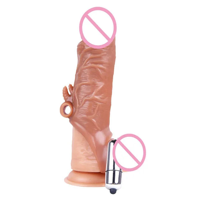 6.7 inches TPE Realistic Vibrating Dildo Enlargement Extender Condom with Bullet Vibrator Penis Sleeve Adult Sex Toy for Men