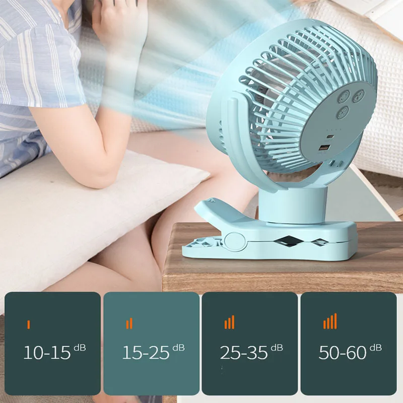 360 Degree Oscillation Home Outdoor Blue Portable Cooling Fan Handle Rechargeable Fan With LED Clip On Fan