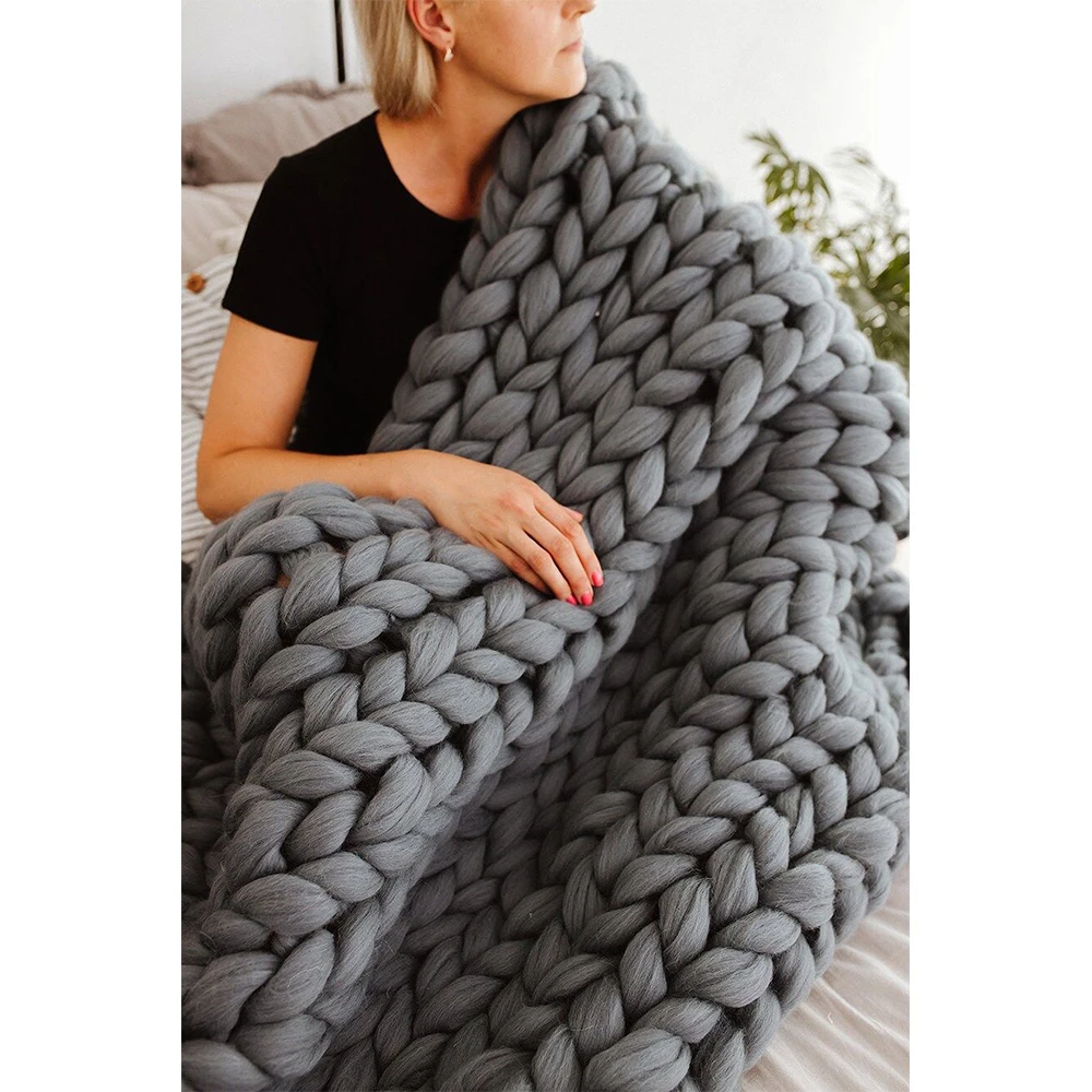 Wholesale Large Handmade Luxury Chunky Knit Wool Chenille Throw Blanket