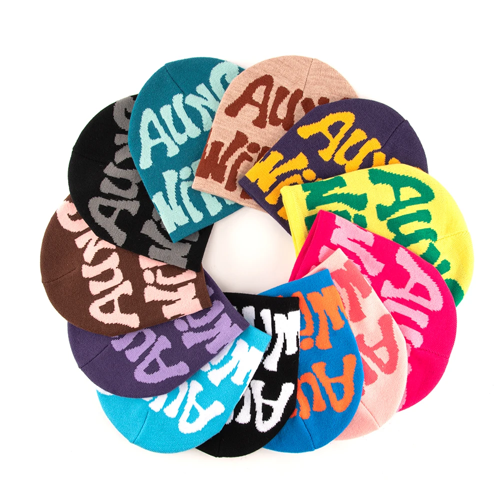 Low MOQ Custom Beanie Manufacturers All Over Print Jacquard Y2K Gothic No Cuff Fold Cuffless Winter Skull Cap Knit Hat with Logo