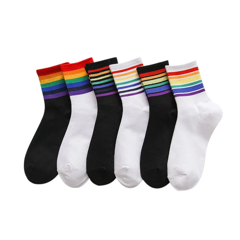Hot Sale Unisex Adult One Size Rainbow Sports Socks Customized Cotton Polyester Colorful Happy Socks