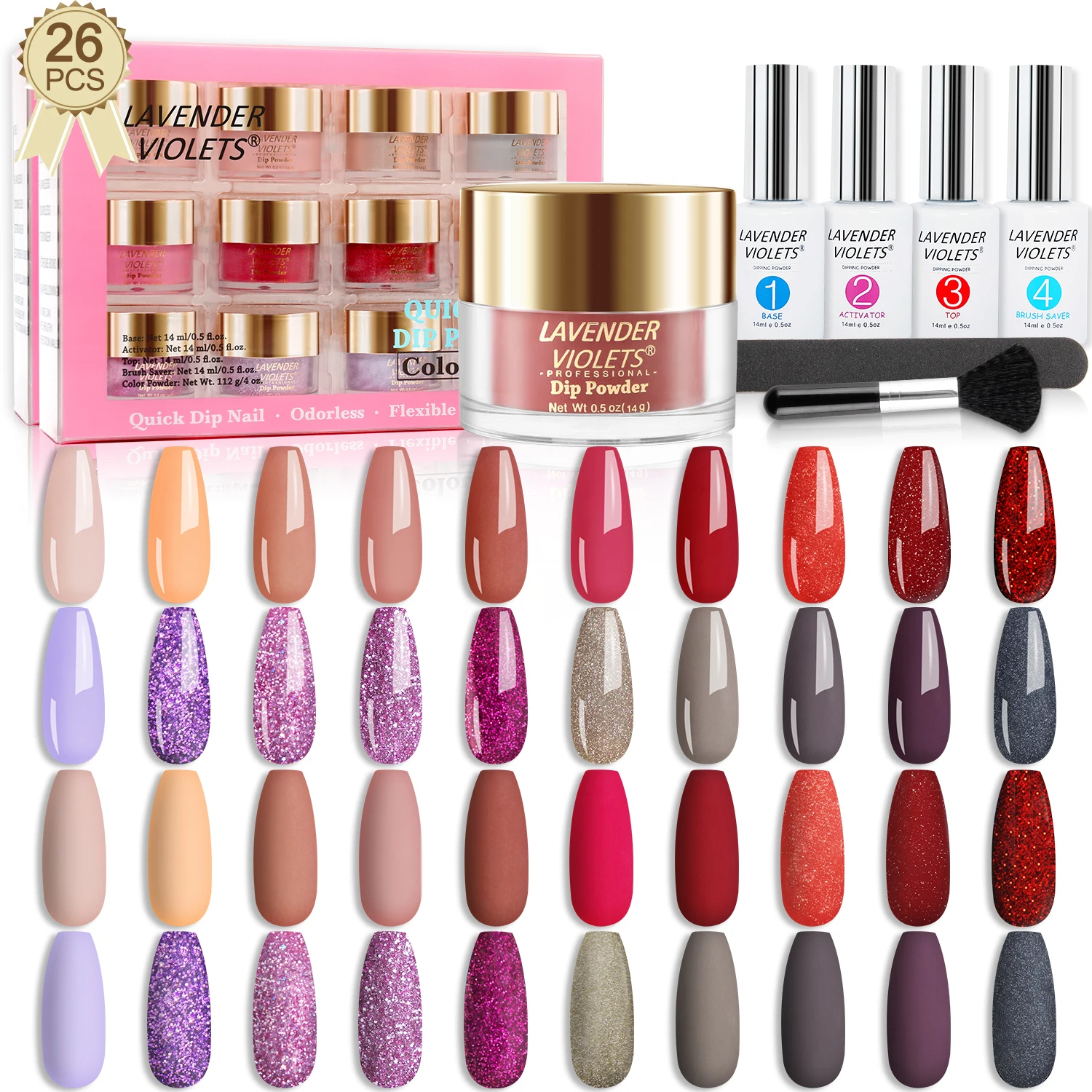 Lavender Violets 26PCS Dip Powder Nail Kit 0.5 oz/bot. Dipping Powder System with Base Top Activator Brush Saver