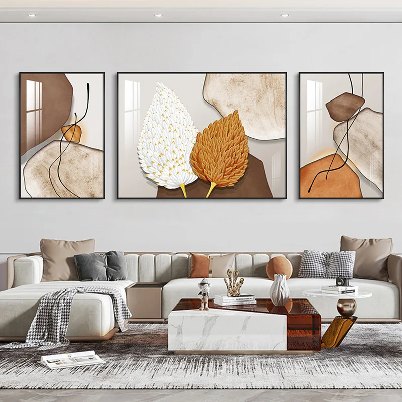 Living Room Decoration Painting Modern Simple Abstract 3pcs Mural Light Luxury Feather Crystal Porcelain Painting