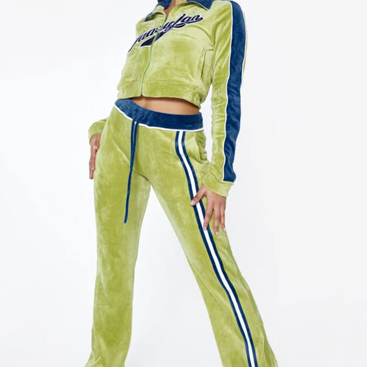 Hot Sale Embroidery Velour Tracksuit Two Piece Set Women Clothing Long Sleeves Zipper Sport Set