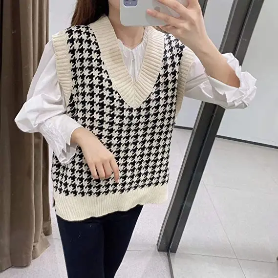Houndstooth Sweater Vest Women Oversized V Neck Sleeveless Sweaters Cable Knit Tops Designer Manufacturer OEM