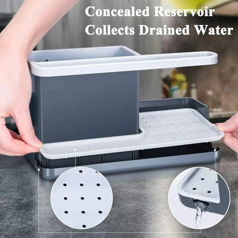 Kitchen Sink Plastic Caddy Organizer with a Hand Soap Dispenser Sponger Brush Holder