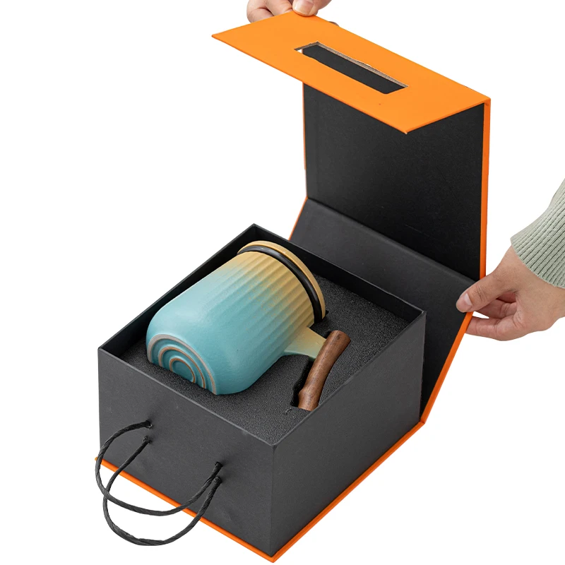 Wholesale customize logo wood handle coffee tea mug ceramic mug with lid Gradient color water cup with wooden handle