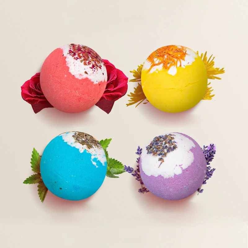 OEM Natural Scented SPA Foaming Salt Ball With Dry Flower Colorful Bath Bombs Essential Oil Bath Ball