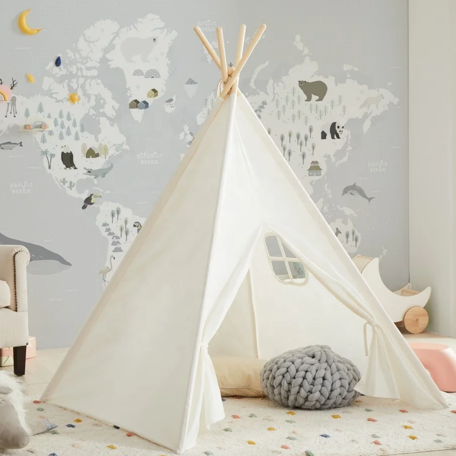4-Walls Teepee Tent Kids Teepees White with Screen and Window Children Play House Teepee for Kids