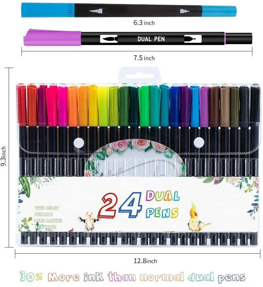 
24 Colors Dual Tip Brush Pen Art Markers 30% More Ink Fine Tip & Calligraphy Brush Pens 