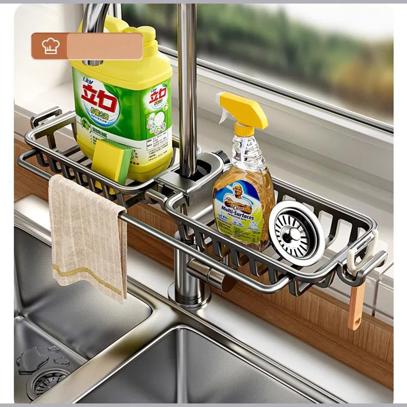 Space Aluminum Kitchen Sink Drain Rack Sponge Storage Faucet Holder Over Faucet Soap Drainer Shelf Faucet Basket Organizer