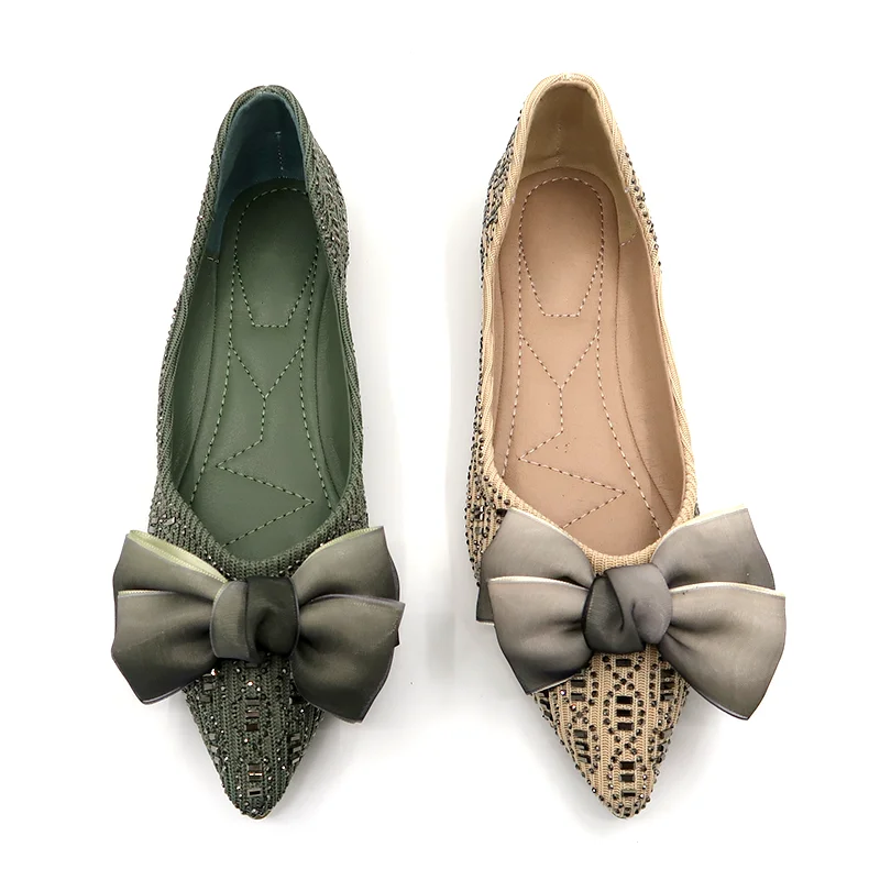 FACTORY,MANUFACTORY,FABRICA 2024 OEM ODM New Arrival  Rhinestone bowtie Ballet Designer Slip on Casual Soft Comfortable Pointed Toe Flat Ladies Women Shoes