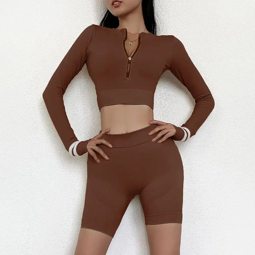 Женская эластичная спортивная одежда, шорты для фитнеса, короткий топ с длинным рукавом, комплект
