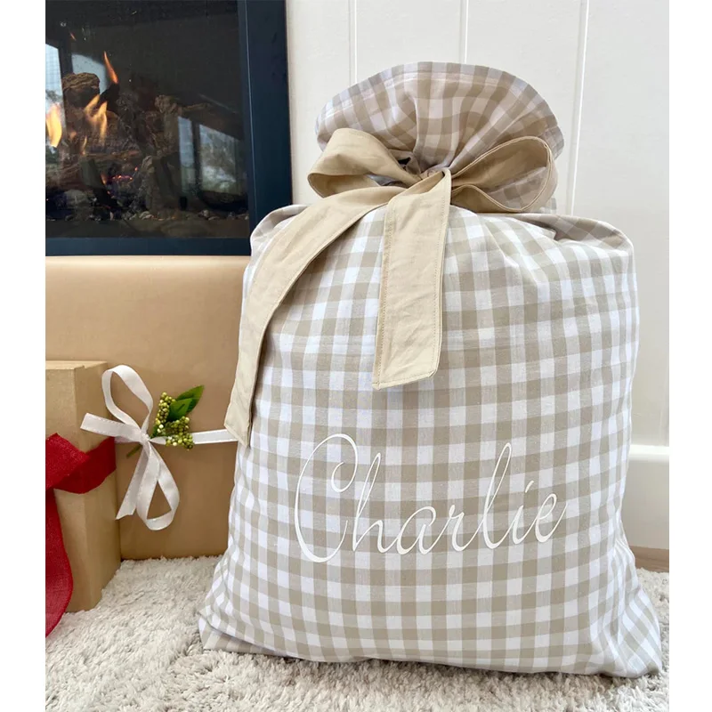 2023 Custom Quilted Santa Sack Christmas Polyester Gingham Large Stripe Santa Sack For Sublimation