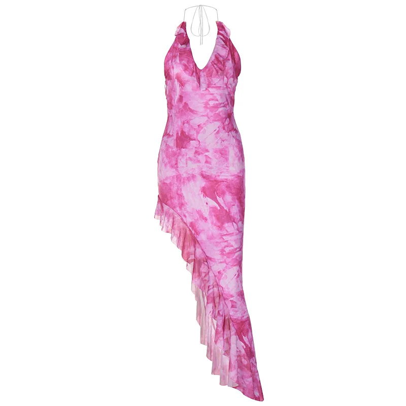 Wholesale Deep V Halter Neck Flounce Printing Elegant Dresses Women Sleeveless Slim Fit Dress Women Lady Elegant
