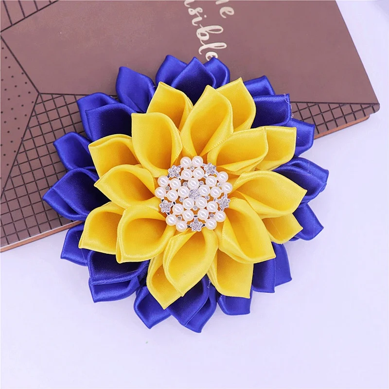 Royal and yellow sigma 1922 years satin layer large size pearl poodle greek sigma gamma rho flower pins brooch corsage