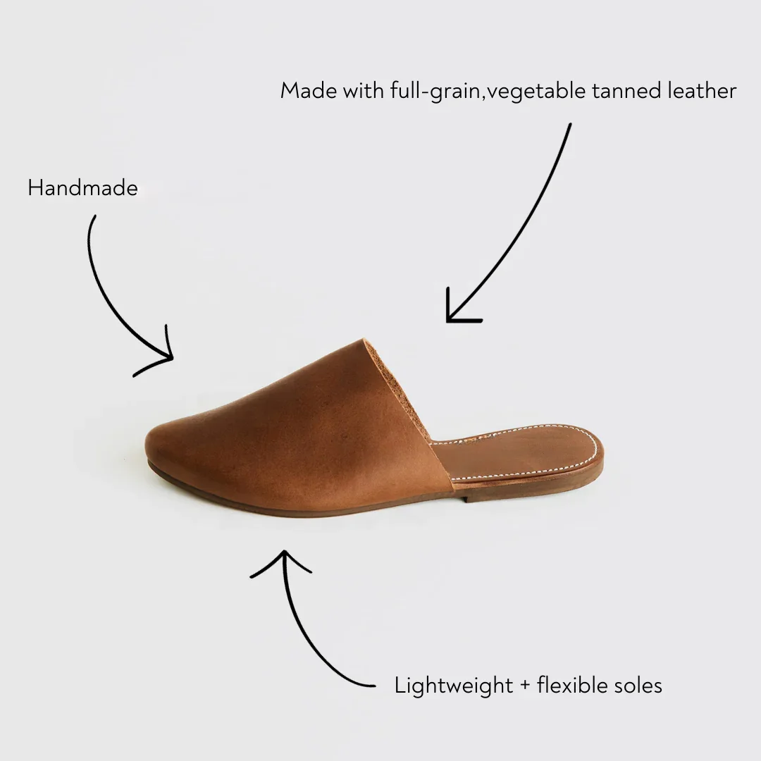 Handmade Moroccan Leather Mules Flat Comfortable Women Shoes Slippers Brown Color Fashion Leather Shoes Mule