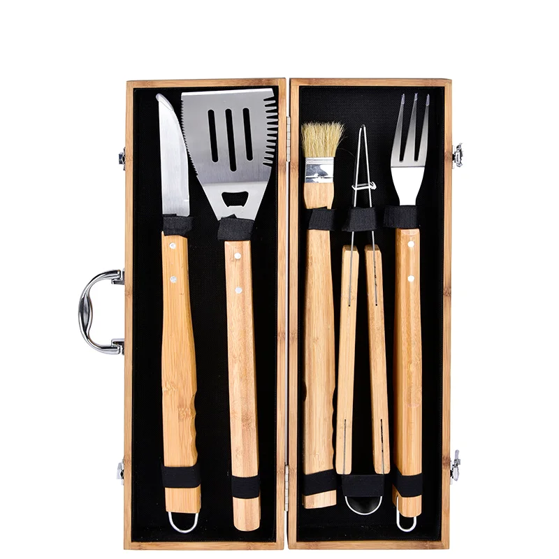 Custom Personalized Logo Portable Bamboo Handle Stainless Steel Outdoor BBQ Grill Tool Utensils Accessories Set in Bamboo Case