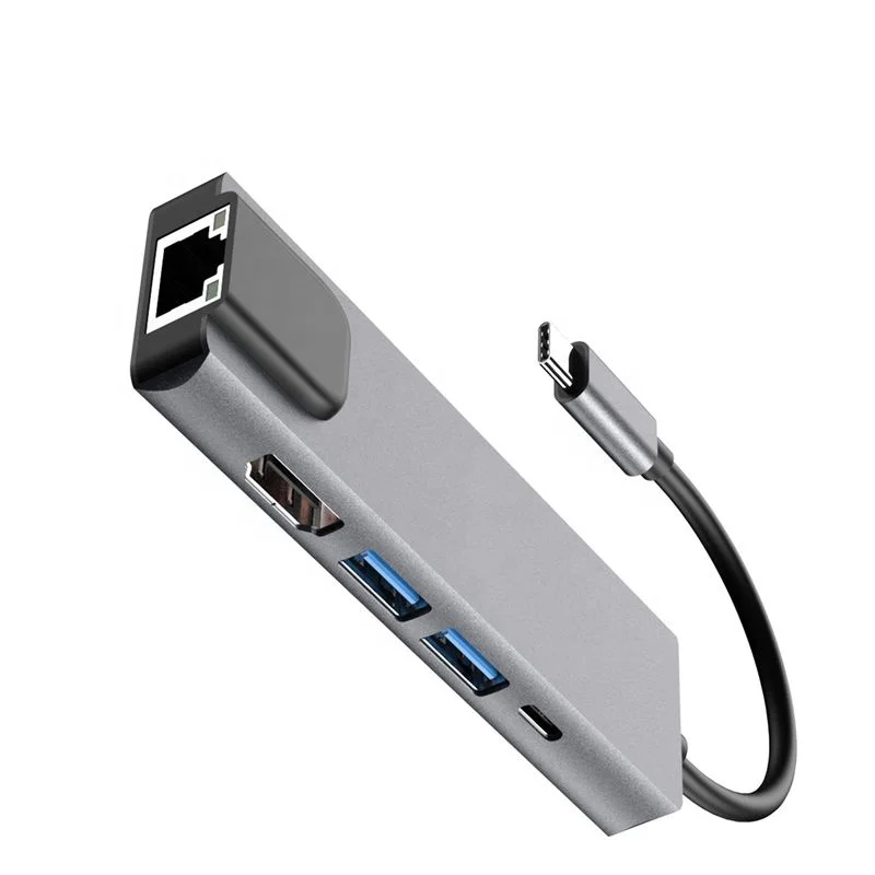 5 in 1 type c hub Adapter with1000M RJ-45 Gigabit Ethernet Port 4k Output 2 USB 3.0 Ports USB C Power Delivery