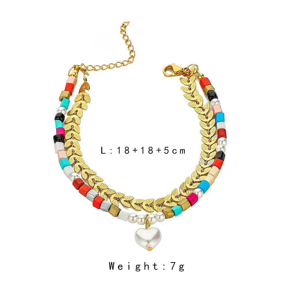 Feminine Type2 Layered Bohemia Colorful Seedbeads Bracelet Heart Pearl Pendant Wheatear Stainless Steel Bracelet For Women