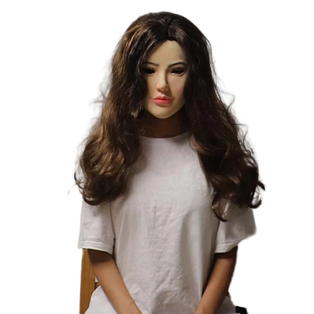 Realistic Latex mask Female Woman Face Halloween Latex Mask Girl Headgear with Wig Lady Crossdressing Sissy