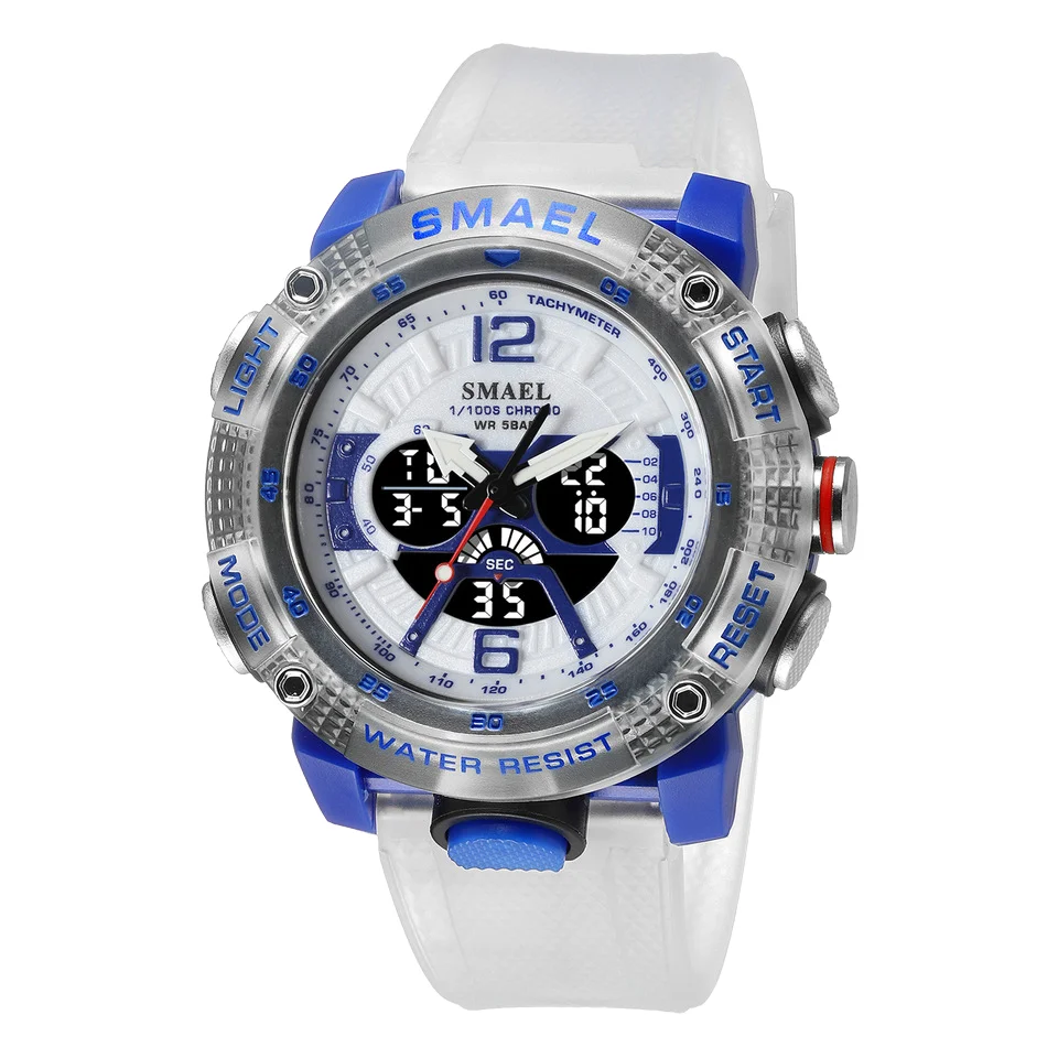 Smael 8058 Luxury Sports Electronic Watch Men Waterproof Shockproof Transparent White Digital Display Trendy Alarm Plastic