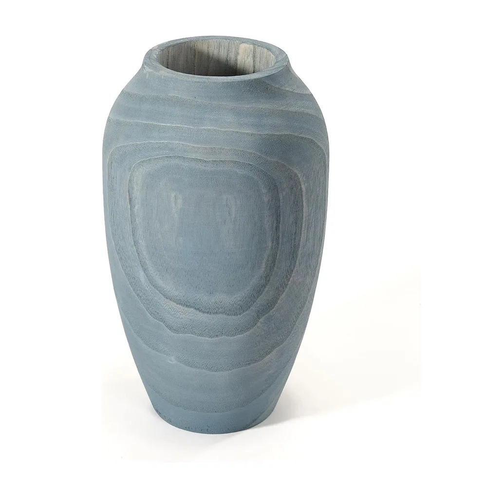 blue stain solid wood vase for dried flower natural paulownia hand-made plain decorative wooden vase