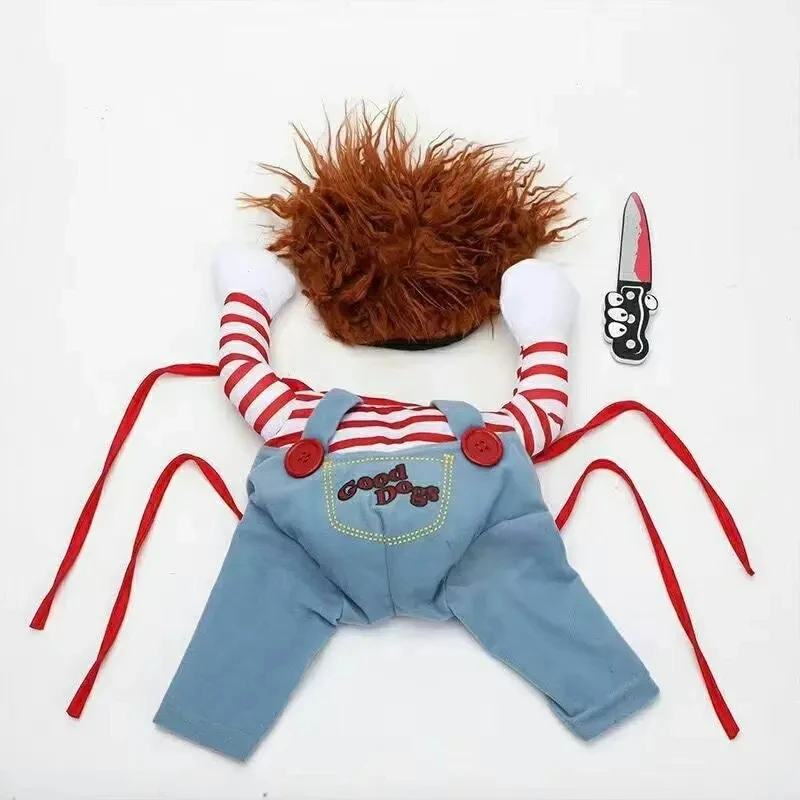 Hot selling funny pet chucky dog clothes cute doll Holding a Knife Halloween pet dog Costume