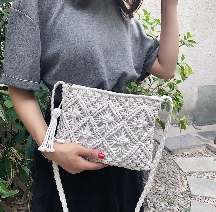 Handmade Cotton Rope Straw Women Hand Bags Vintage CHandmade Cotton Rope Straw Women Hand Bags Vintage Crochet Macrame Beach Bag